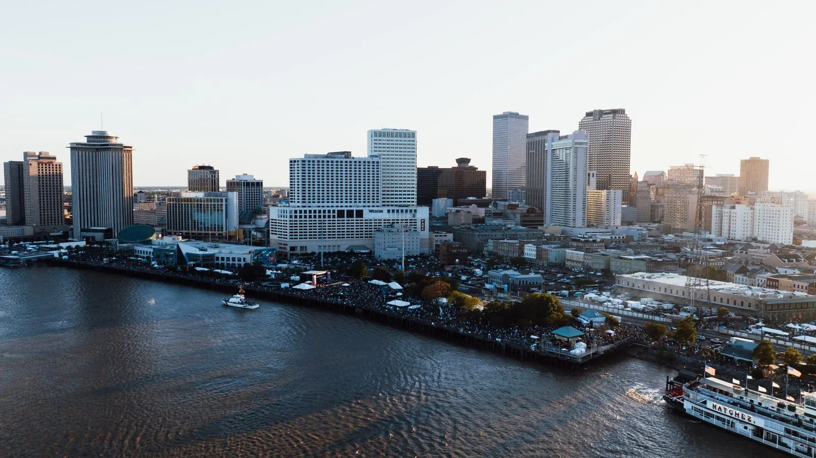 New Orleans and the Mississippi River at dusk, from above