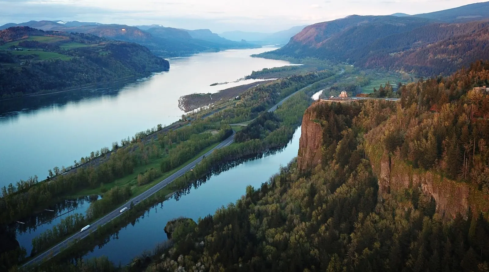 An aerial view of the Columbia River Gorge at Corbett, Oregon